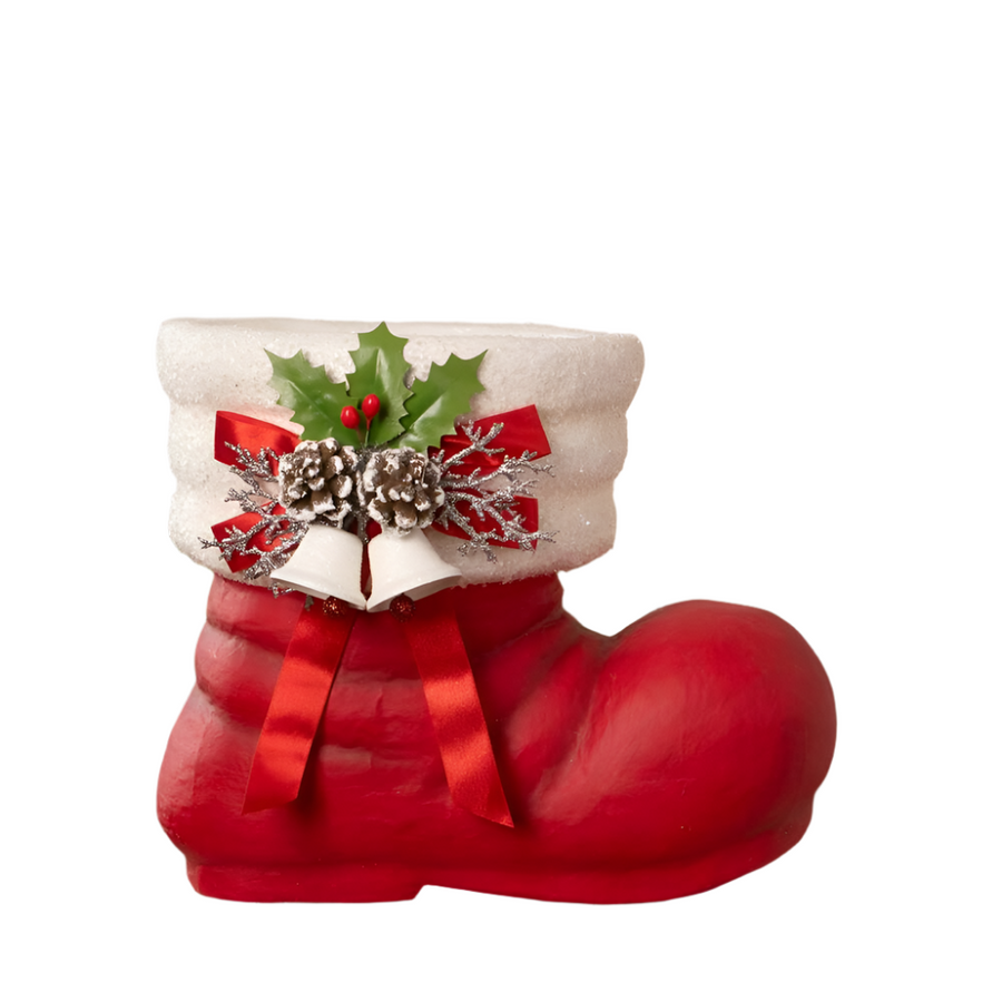 bethany lowe vintage Santa boot with a festive embellishment on the cuff, including pinecones, berries, and a ribbon.