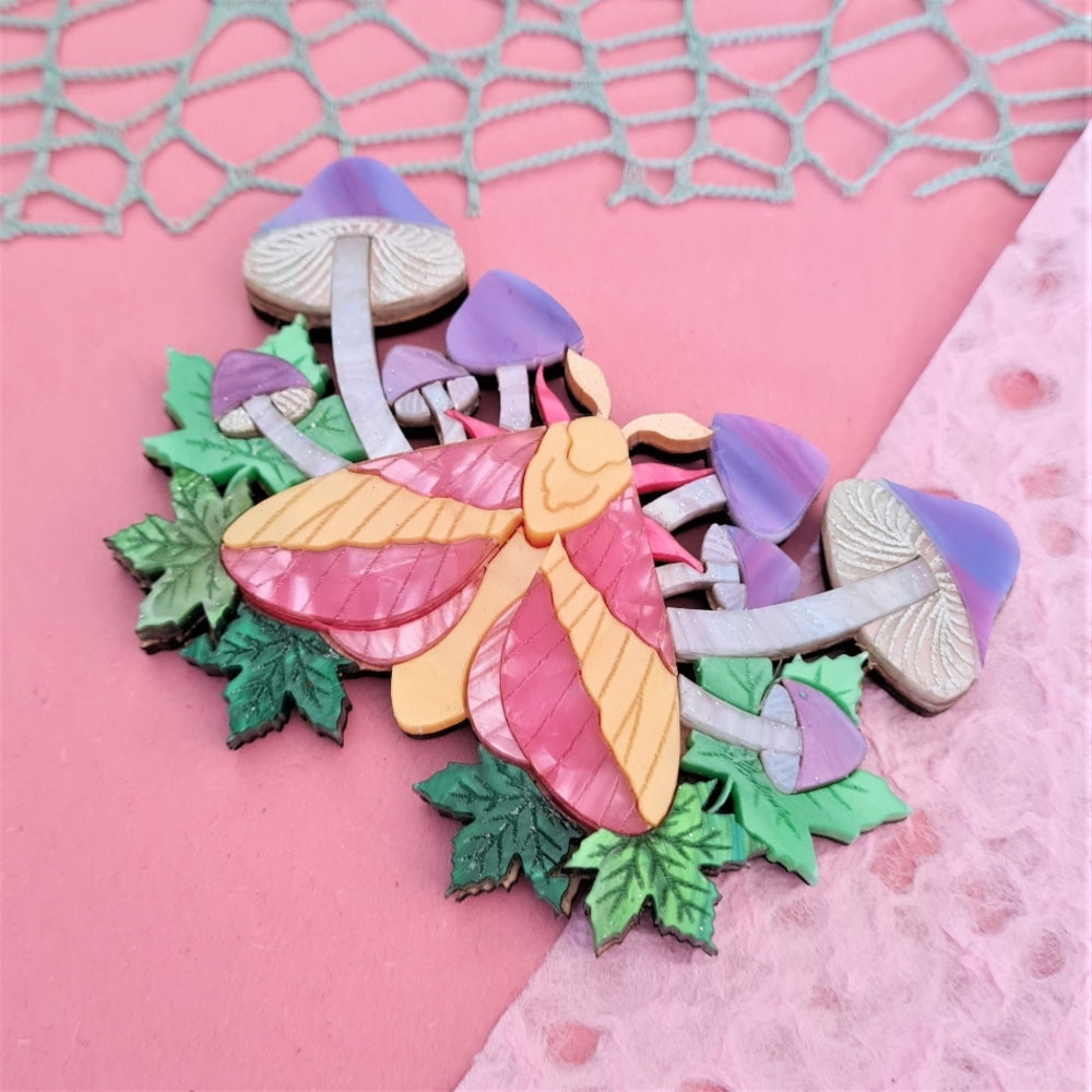 Rosy Maple Moth and Mushrooms Brooch or Necklace