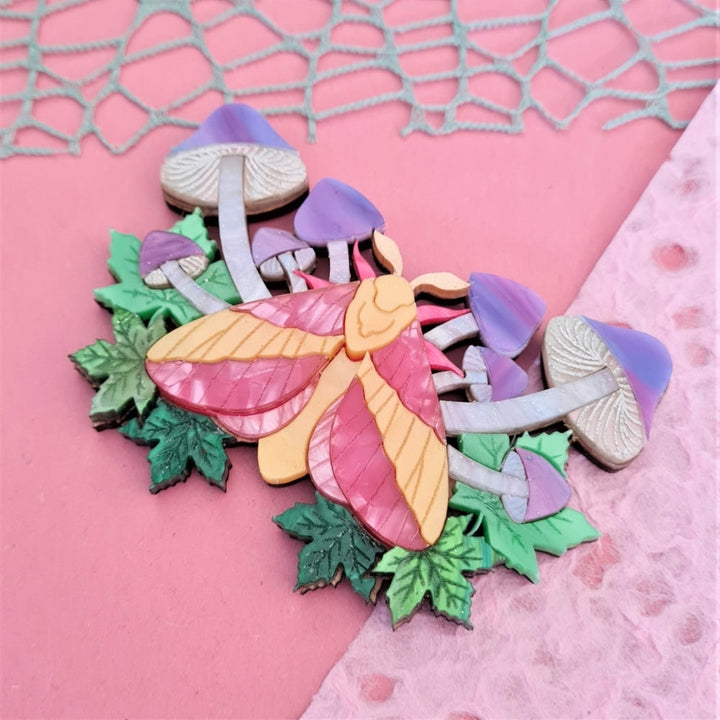Rosy Maple Moth and Mushrooms Brooch or Necklace