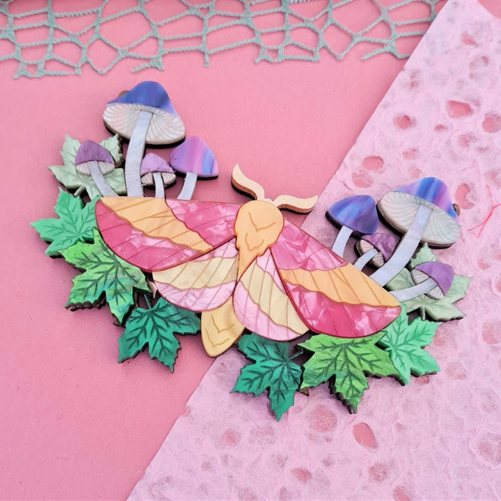 Rosy Maple Moth and Mushrooms Statement Necklace
