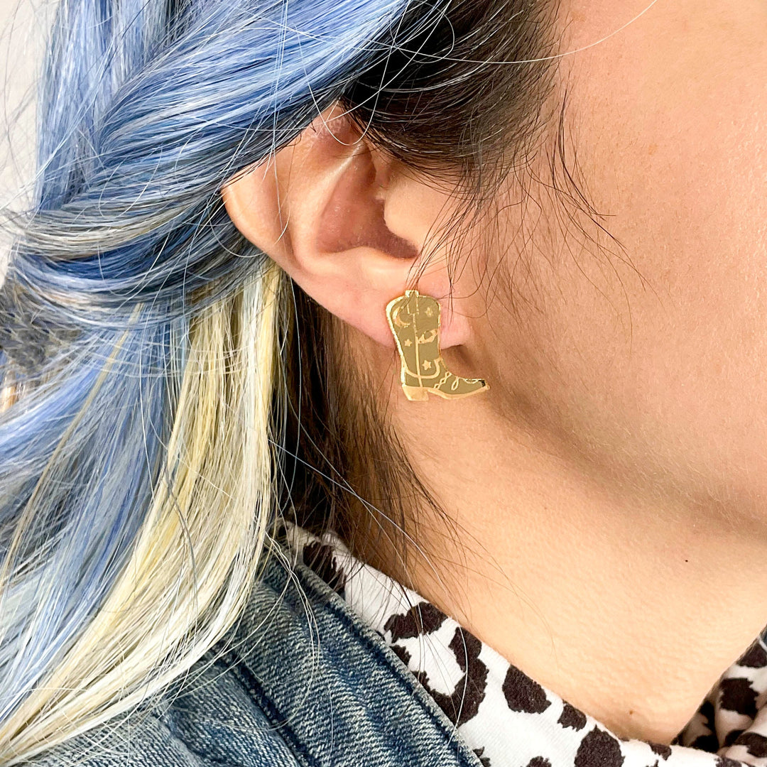 Space Cowboy Boot Stud Earrings - Mirror Gold