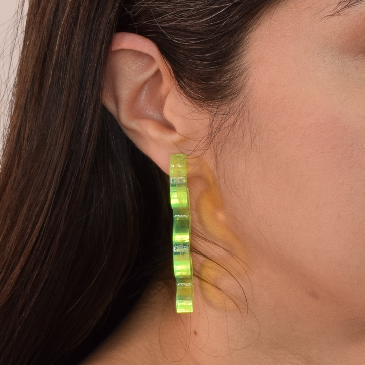 Chunky Squiggle Statement Earrings - Black Light Reactive Clear Green