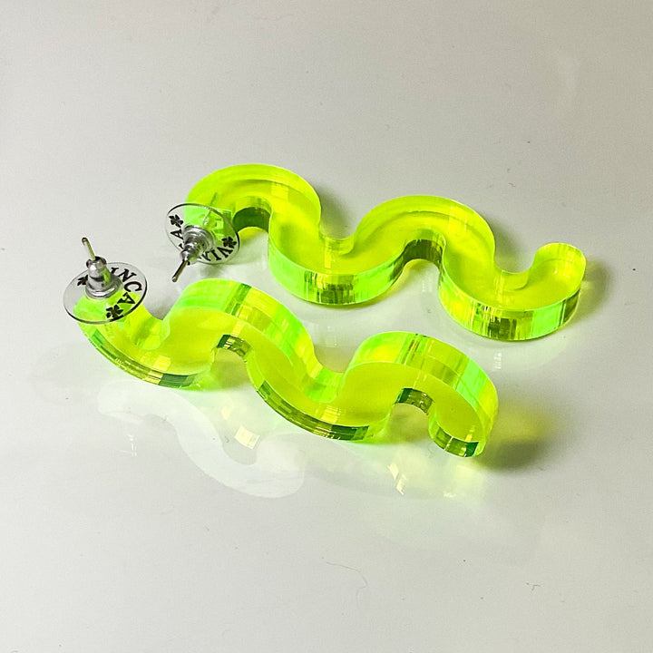Chunky Squiggle Statement Earrings - Black Light Reactive Clear Green