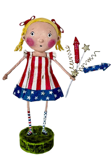 Doll in a red, white, and blue outfit holding a wand with stars and stripes on a light background
