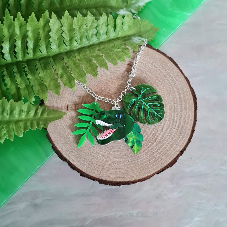 T Rex Dinosaur Charm Leaf Pendant by Cherryloco Jewellery