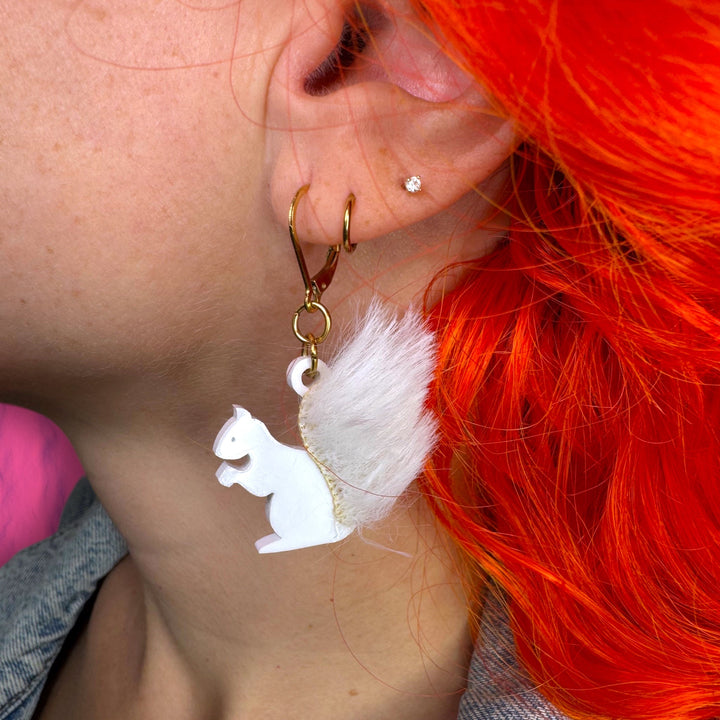 Fluffy Lucky Albino Squirrel Dangle Earrings with Faux Fur
