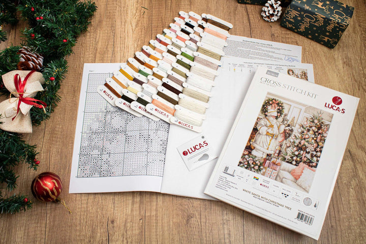 White Santa With Christmas Tree BU5019L Counted Cross-Stitch Kit