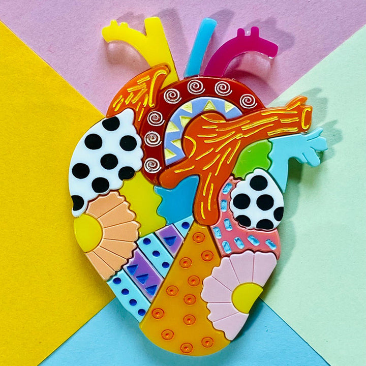 Mexican Folk Art Collection - Acrylic Brooch with Anatomical Alebrije Heart by Makokot Design