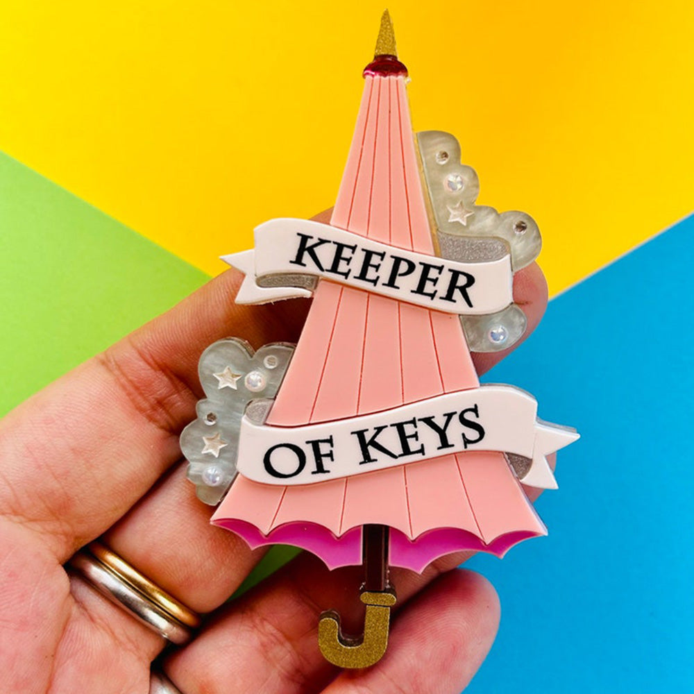 Magic & Witchcraft Collection - "Keeper of Keys Pink Umbrella" Acrylic Brooch by Makokot Design