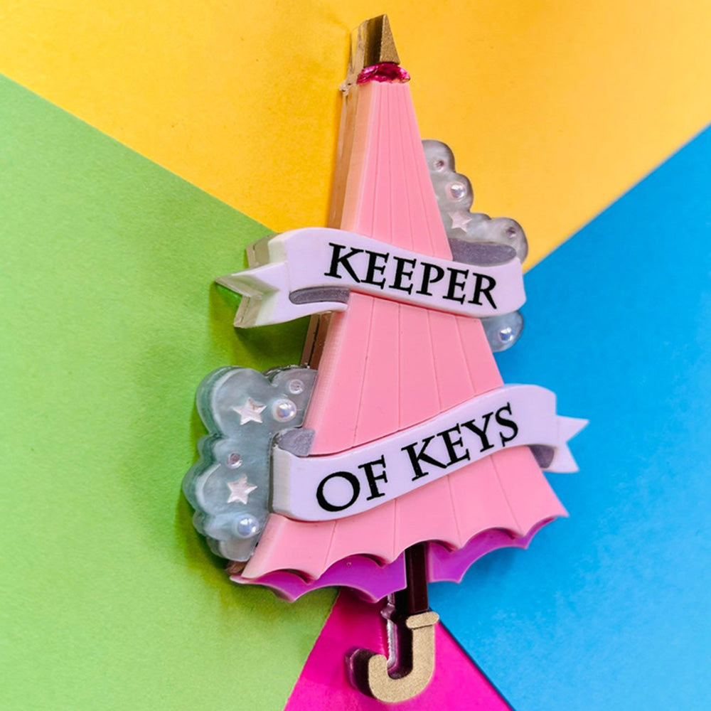 Magic & Witchcraft Collection - "Keeper of Keys Pink Umbrella" Acrylic Brooch by Makokot Design