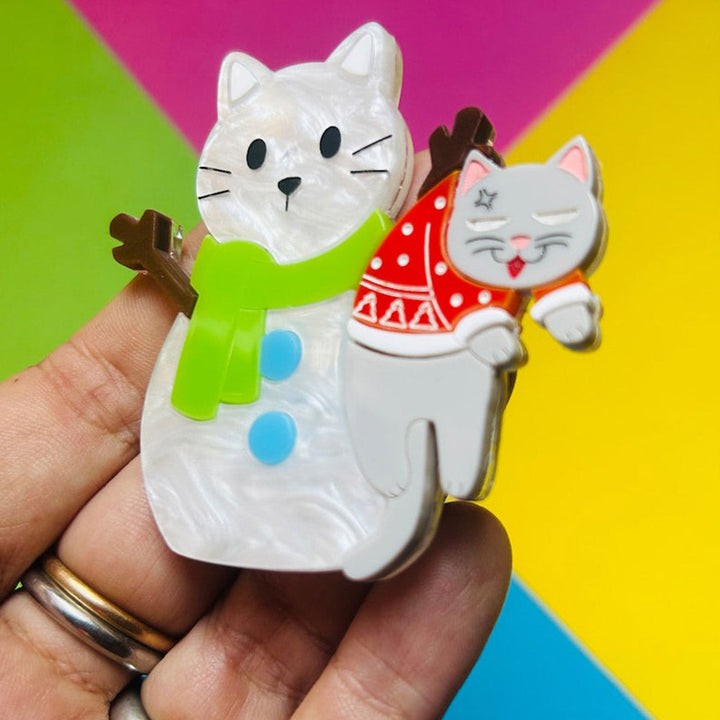 Meowy Christmas Collection - "Cat Stuck in Snowman" Acrylic Brooch by Makokot Design