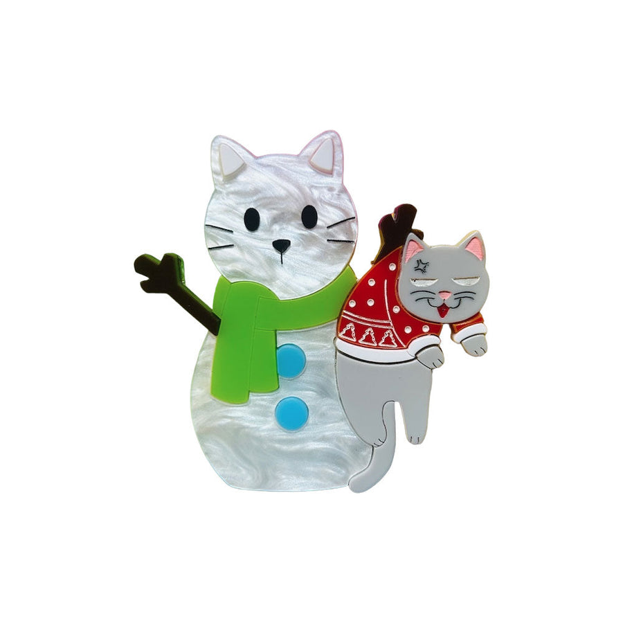 Meowy Christmas Collection - "Cat Stuck in Snowman" Acrylic Brooch by Makokot Design