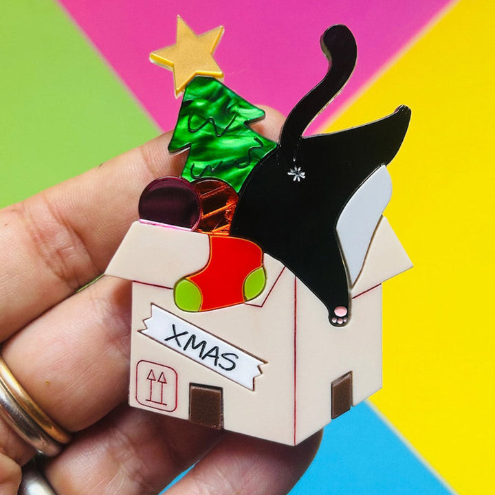 Meowy Christmas Collection - "Cat Stuck Inside Christmas Decorations Box" Acrylic Brooch by Makokot Design