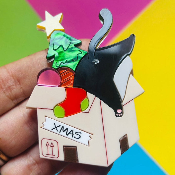 Meowy Christmas Collection - "Cat Stuck Inside Christmas Decorations Box" Acrylic Brooch by Makokot Design