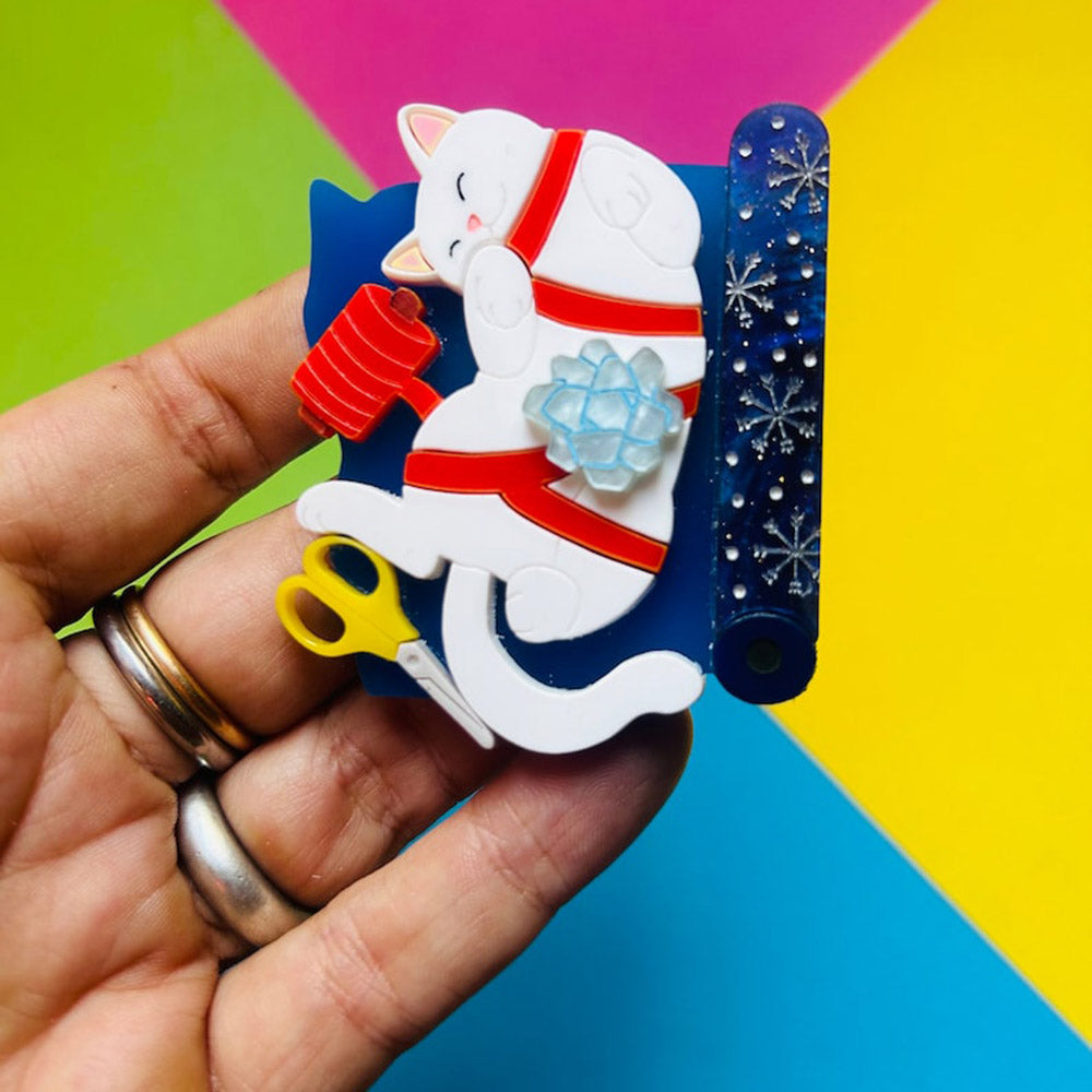Meowy Christmas Collection - "Do You Really Want to Wrap Your Gift?!" Acrylic Brooch by Makokot Design