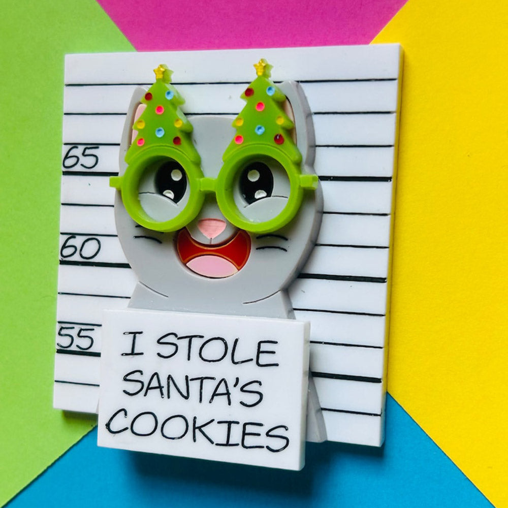 Meowy Christmas Collection - "I Stole Santa's Cookies" Grey Cat Acrylic Brooch by Makokot Design