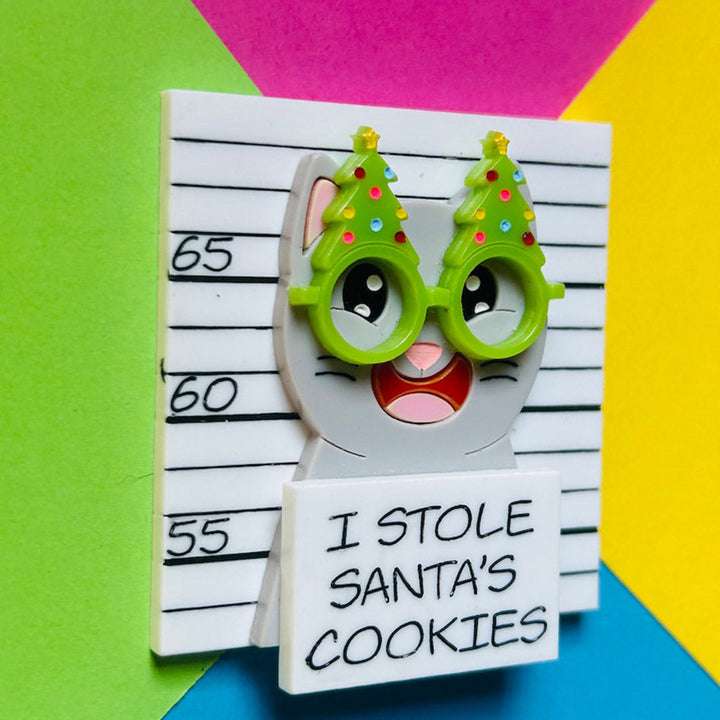 Meowy Christmas Collection - "I Stole Santa's Cookies" Grey Cat Acrylic Brooch by Makokot Design