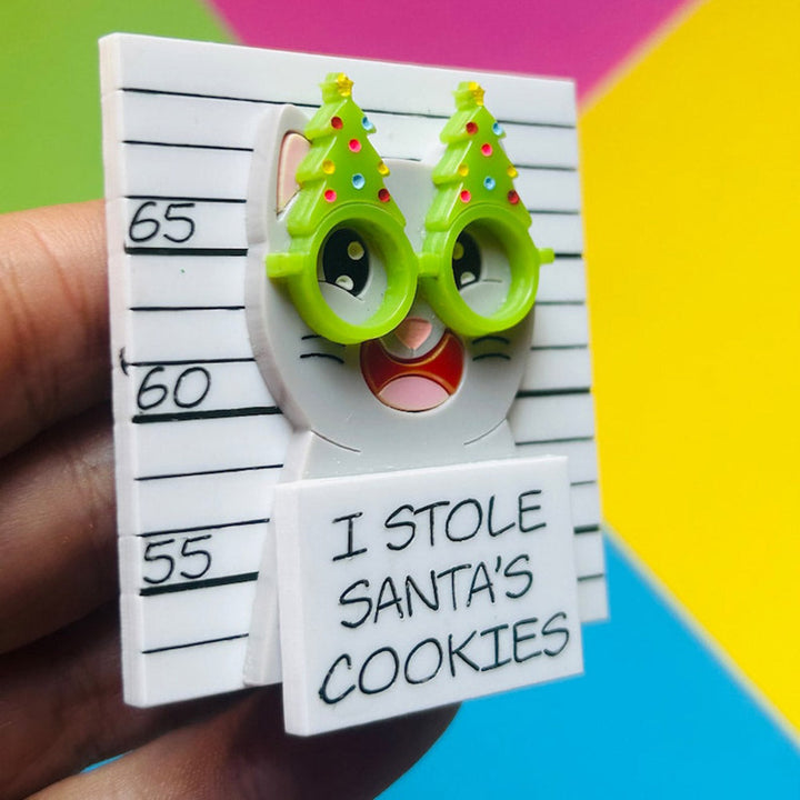 Meowy Christmas Collection - "I Stole Santa's Cookies" Grey Cat Acrylic Brooch by Makokot Design