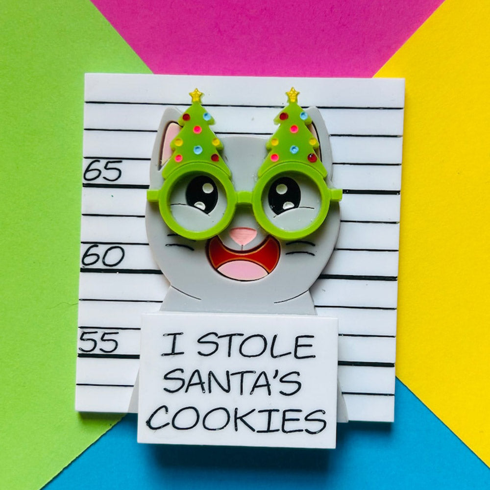 Meowy Christmas Collection - "I Stole Santa's Cookies" Grey Cat Acrylic Brooch by Makokot Design