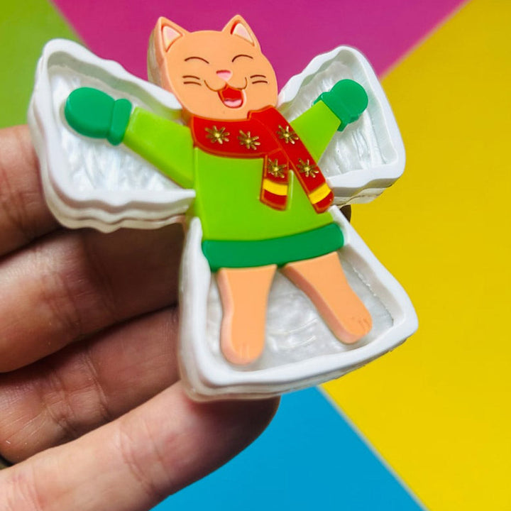 Meowy Christmas Collection - "Snow Angel Ginger Cat" Acrylic Brooch by Makokot Design