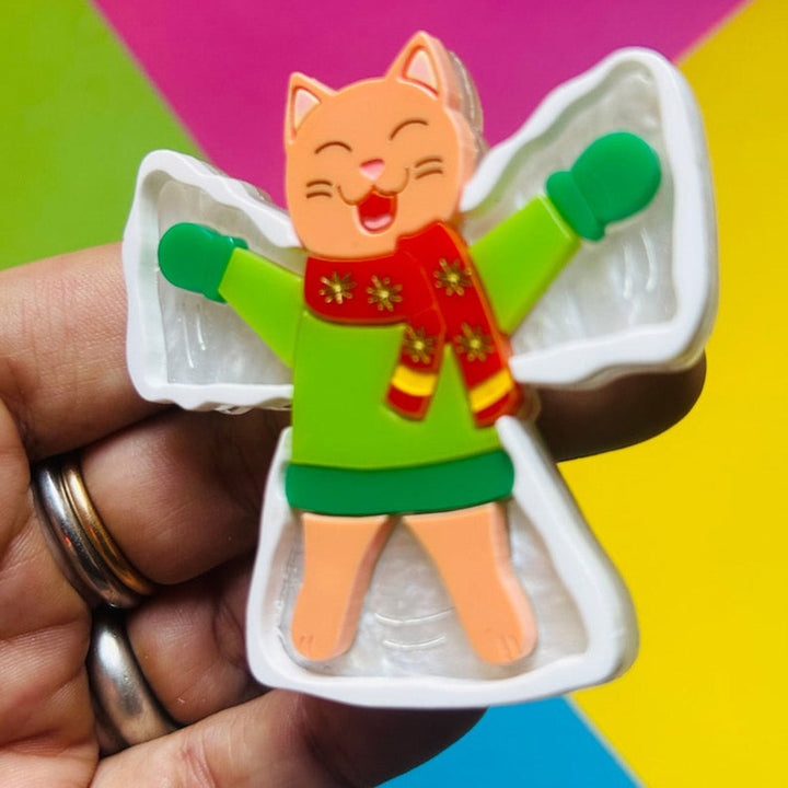 Meowy Christmas Collection - "Snow Angel Ginger Cat" Acrylic Brooch by Makokot Design
