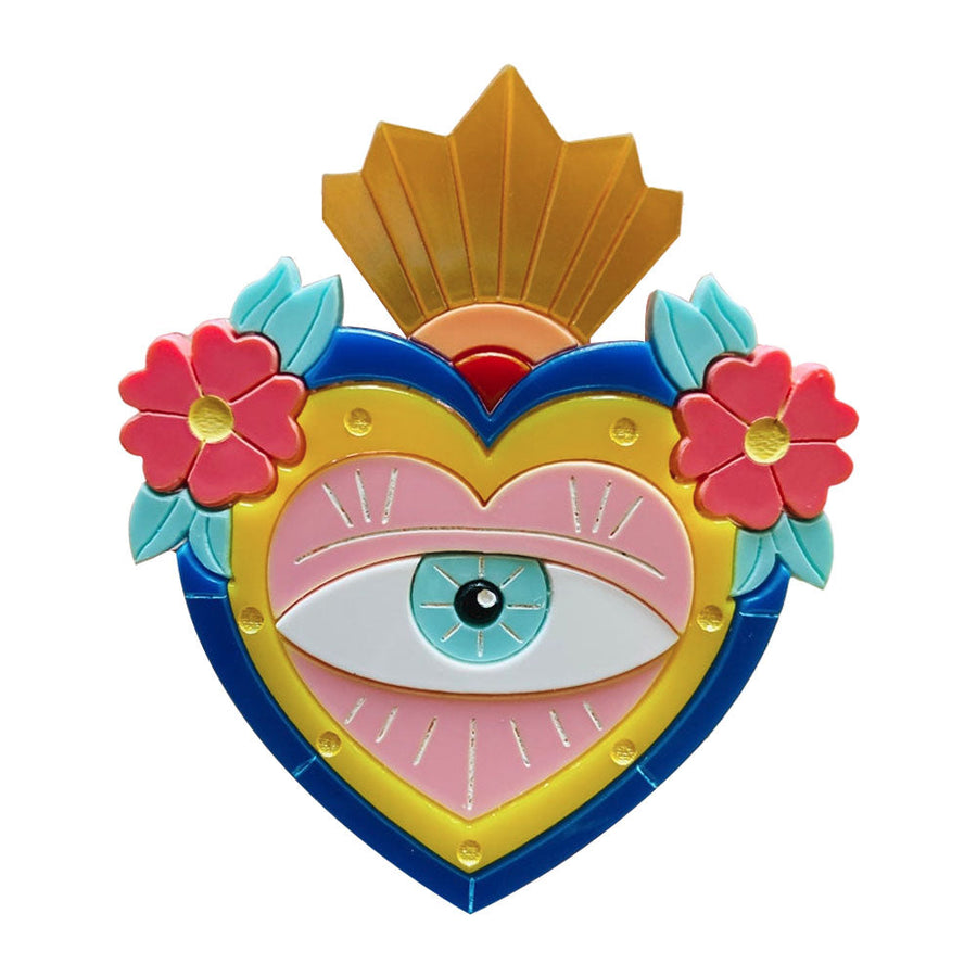 Mexican Folk Art Collection - Milagros with Eye and & Flowers Acrylic Brooch by Makokot Design