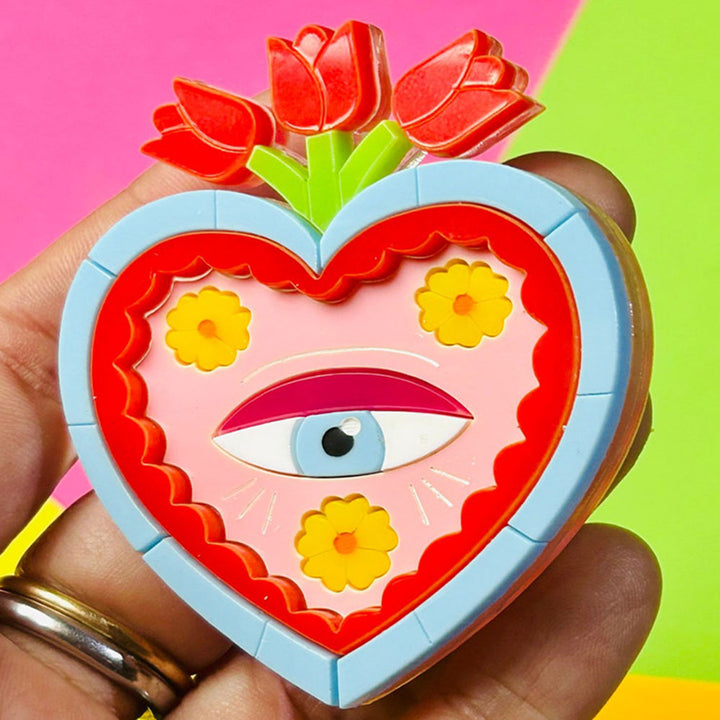 Mexican Folk Art Collection - Milagros with Eye and Red Tulips Acrylic Brooch + Stud Earrings by Makokot Design