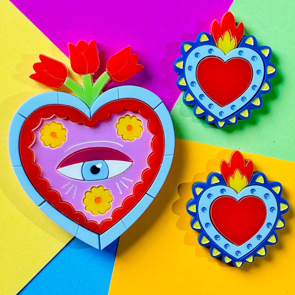 Mexican Folk Art Collection - Milagros with Eye and Red Tulips Acrylic Brooch + Stud Earrings by Makokot Design