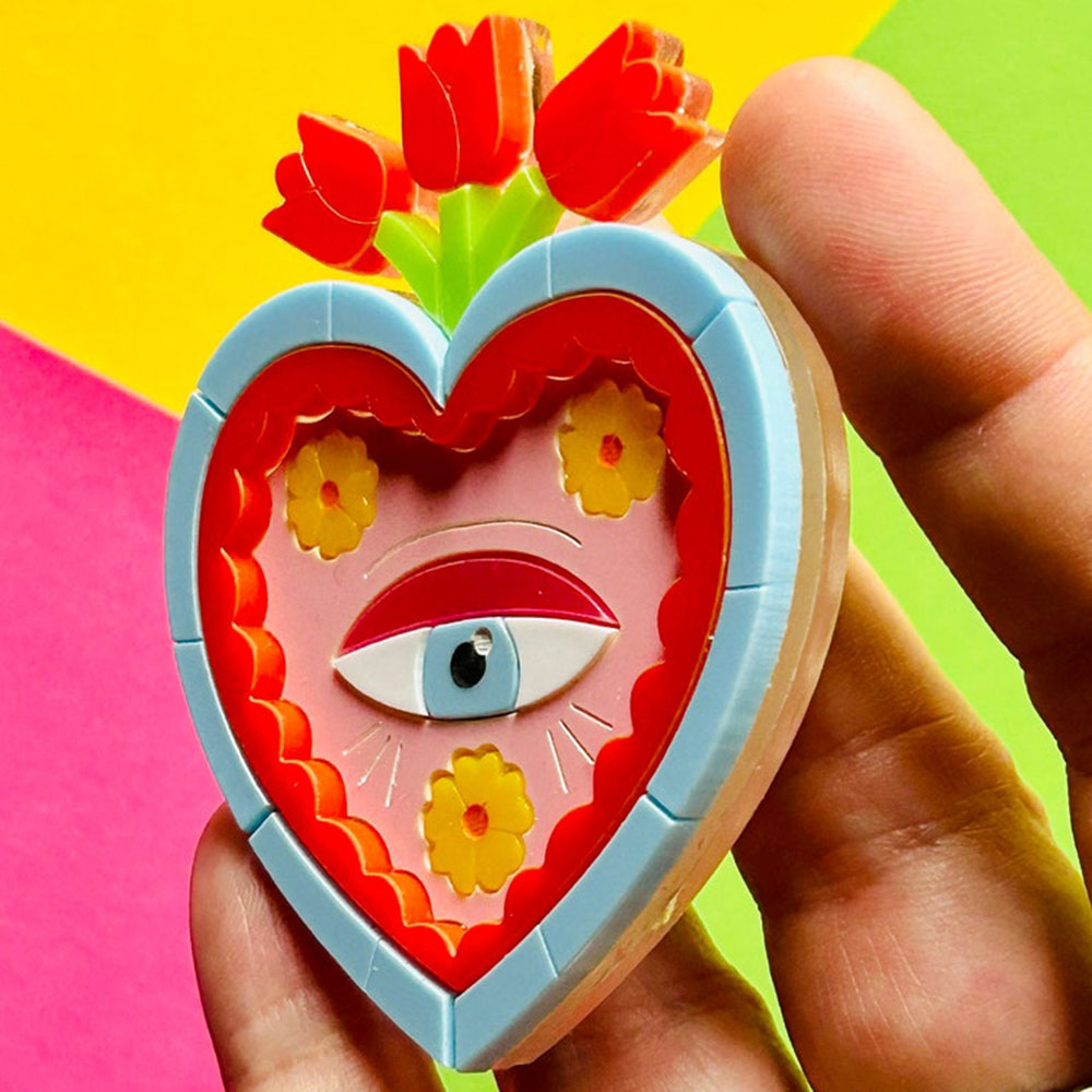 Mexican Folk Art Collection - Milagros with Eye and Red Tulips Acrylic Brooch + Stud Earrings by Makokot Design