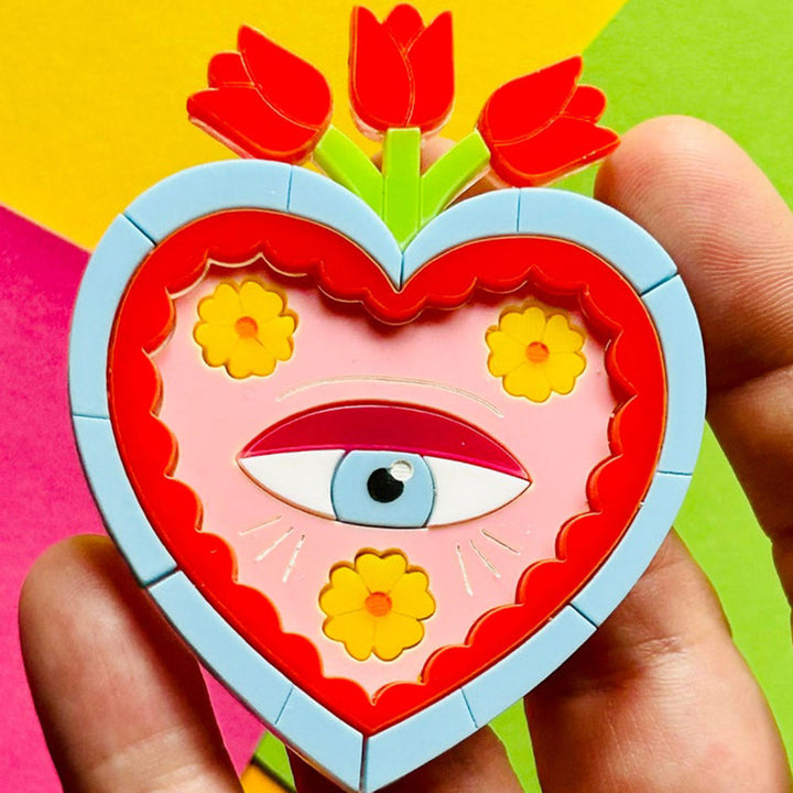 Mexican Folk Art Collection - Milagros with Eye and Red Tulips Acrylic Brooch + Stud Earrings by Makokot Design