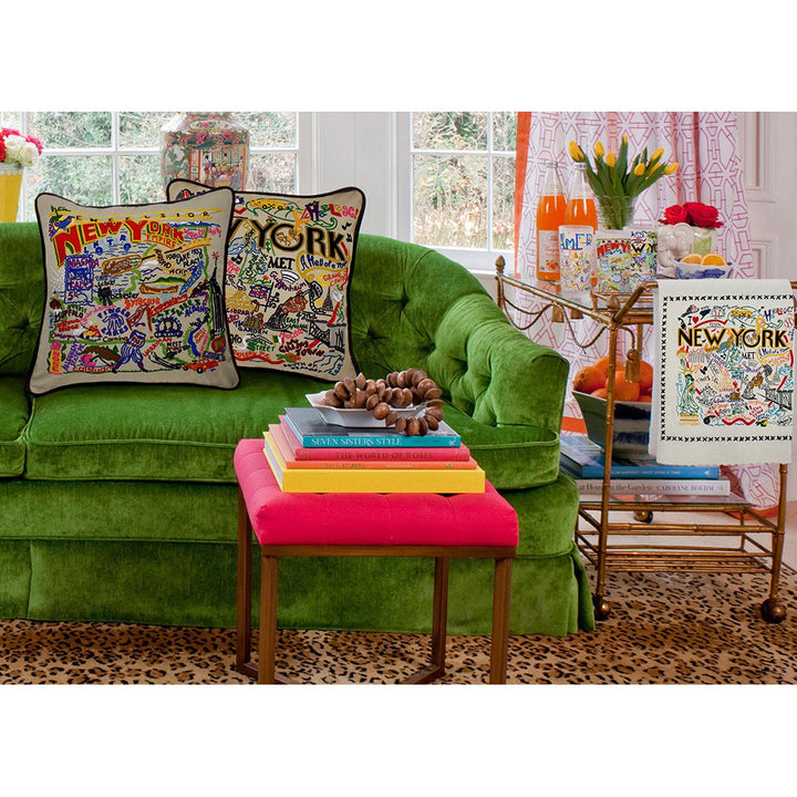 New York State Hand-Embroidered Pillow