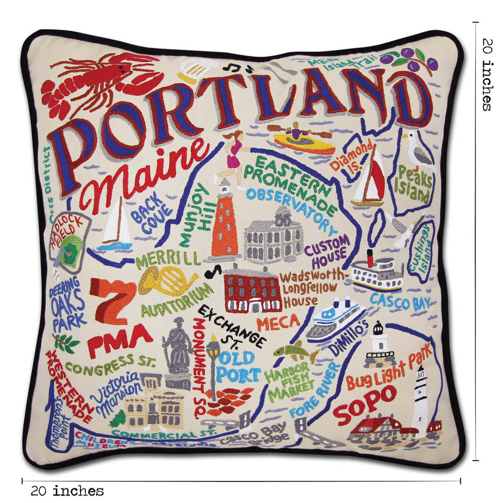 Portland, ME Hand-Embroidered Pillow by CatStudio
