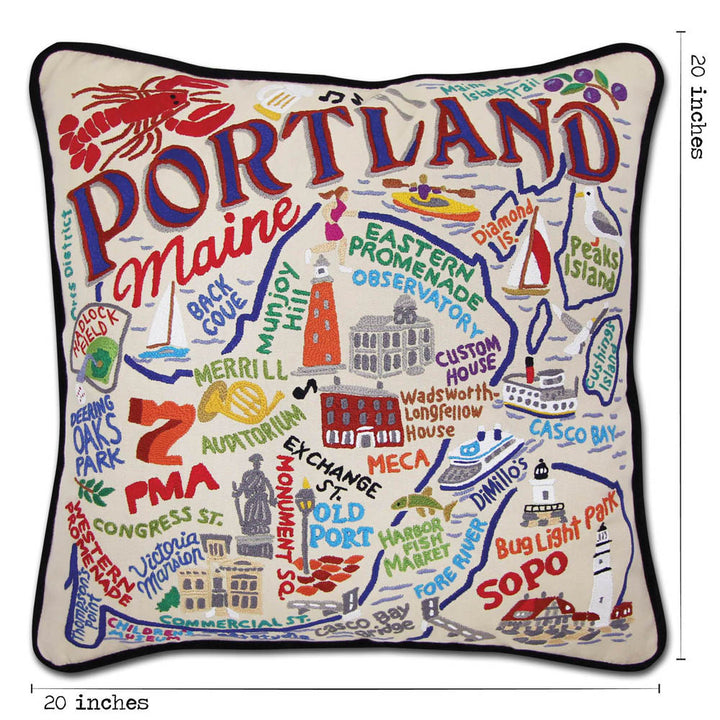 Portland, ME Hand-Embroidered Pillow by CatStudio