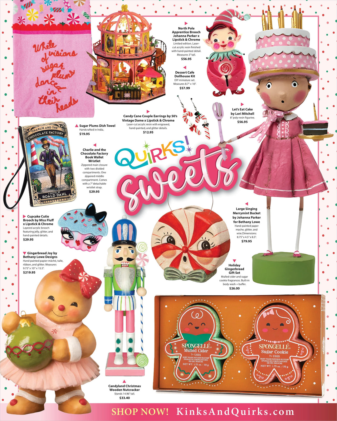 Sweet holiday gift guide featuring gingerbread figurines, candy jewelry, and confection-inspired treasures