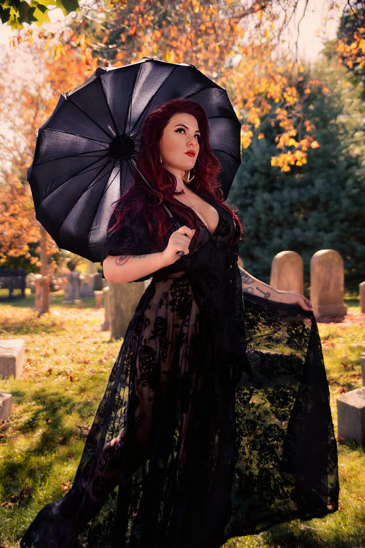 Lydia Wrap Dress in Flocked Rose Black Mesh