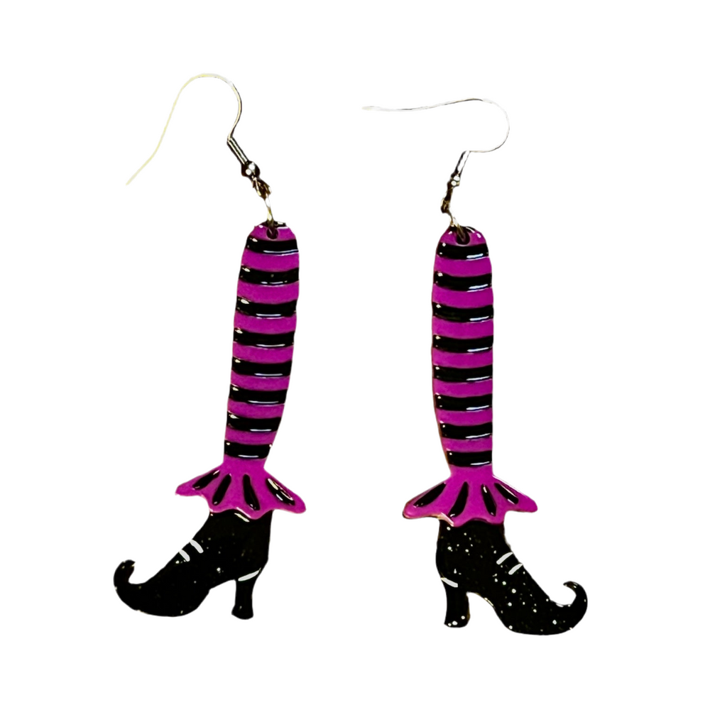 Bewitching Booties Earrings in Purple product shot — Halloween witch boot earrings by Lipstick & Chrome