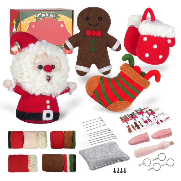 Christmas Tree, Stocking, Gingerbread man and Santa Needle Felting Kit. Wizardi DIY Wool Craft Kit F07N8-Z-10