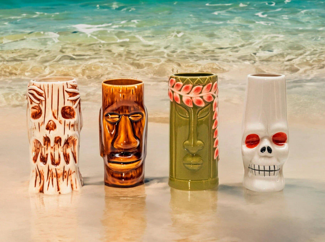 Hard-Carved and Hand-Painted Tiki Mugs - Assorted Set of 8