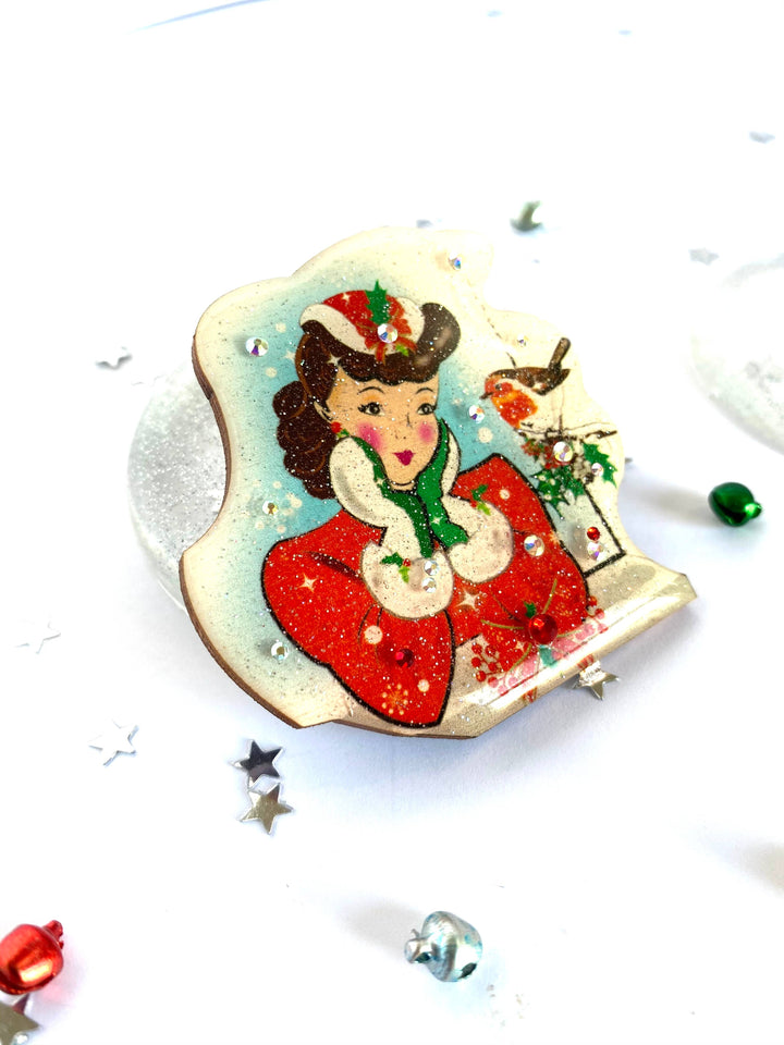 Red Robin and Christmas Lady Brooch by Rosie Rose Parker