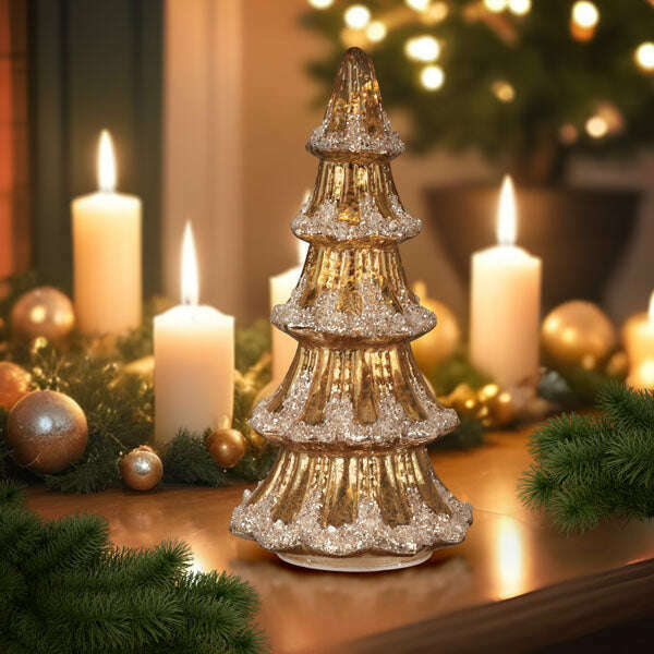 Old World Christmas 12 Inch Lit Gold Mercury Glass Tabletop Tree