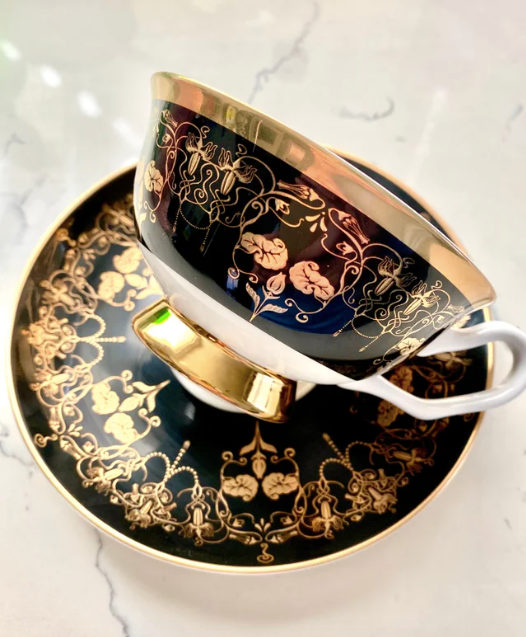 Black Nouveau Cursed Insult Teacup and Saucer by Miss Havisham