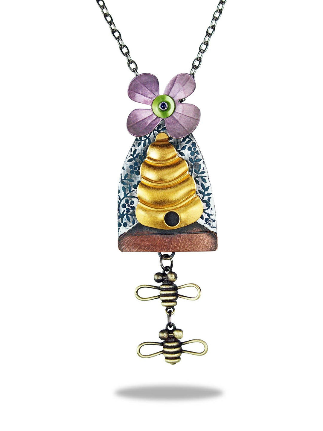 Bee Line Necklace (Pink) — cast brass bees with gold plated beehive and pink mica blossom by Chickenscratch