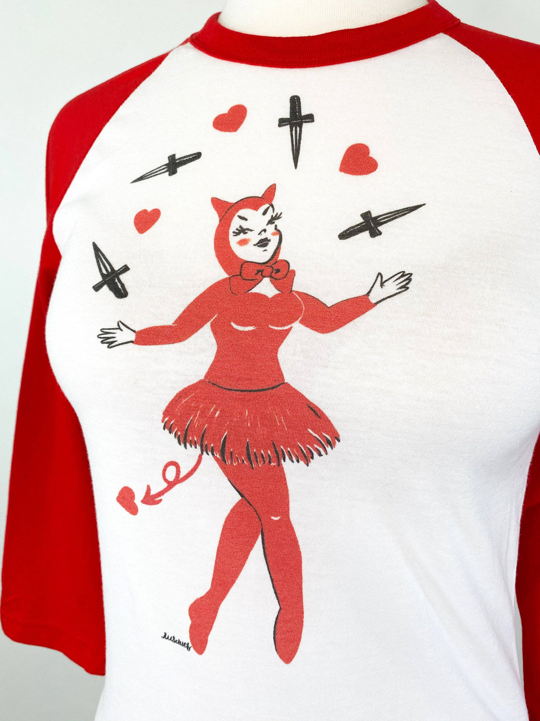 Dagger Devil Unisex Raglan Tee in White/Red: Unisex