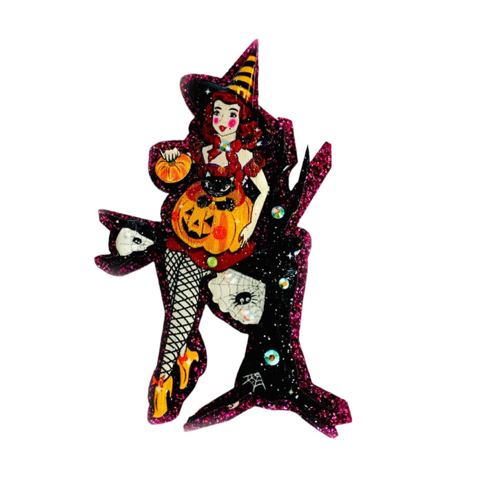 Meggie the Witch & her Pumpkin Cat Brooch by Rosie Rose Parker