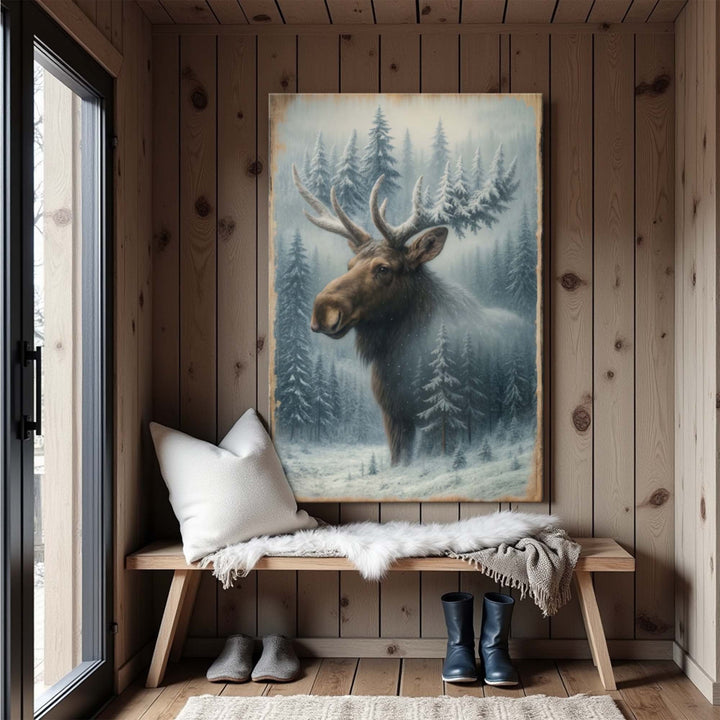 Snowy Forest Moose Double Exposure Wall Art
