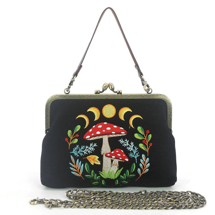 Celestial Mushroom Kiss Lock Bag in Linen Cotton Blend Mater