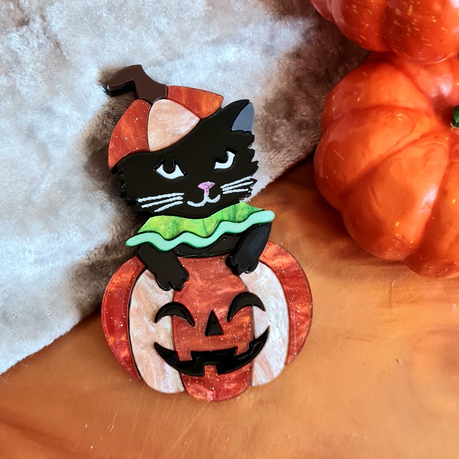Sparkle Pumpkin Kitty Brooch or Necklace