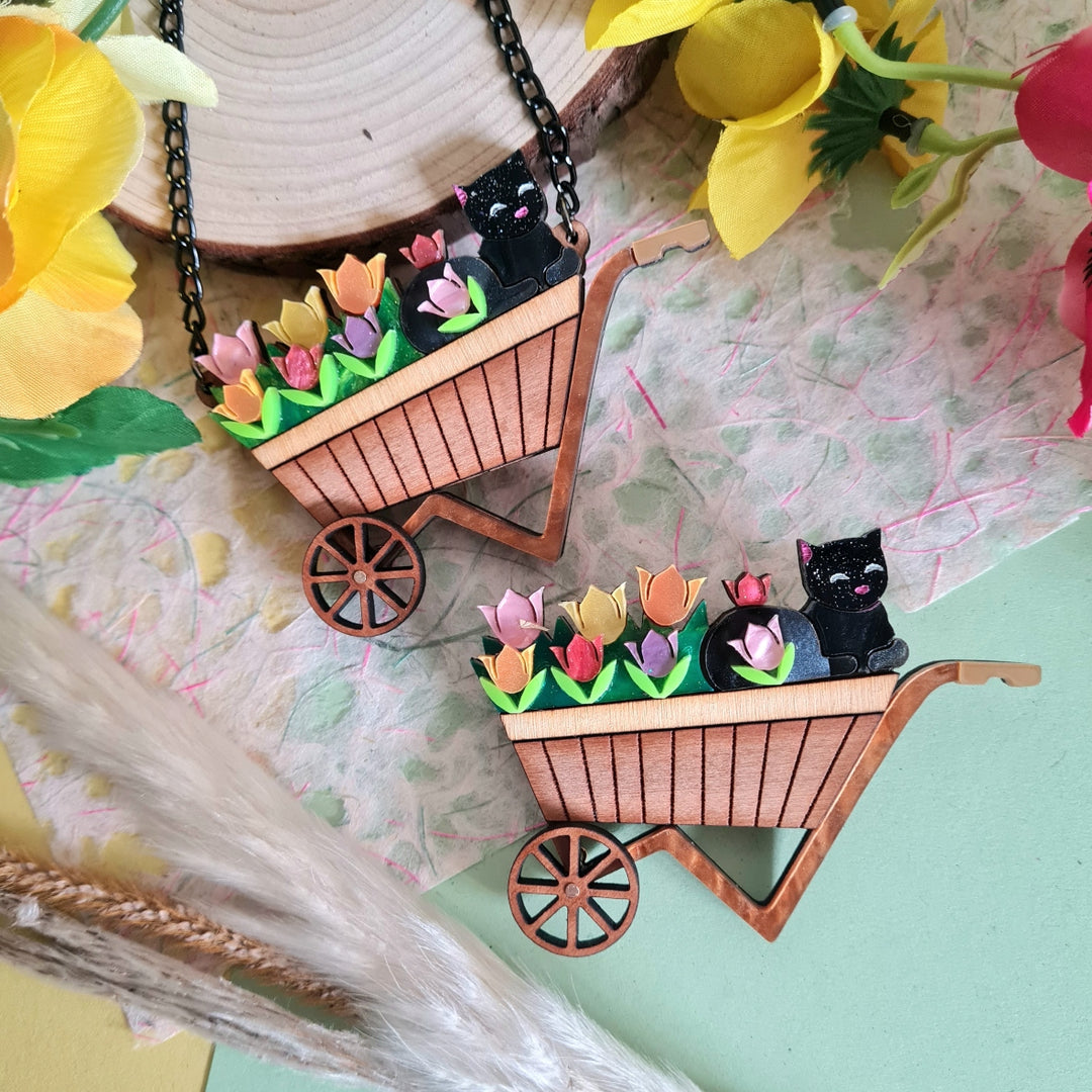 Floral Garden Wheelbarrow Brooch or Necklace