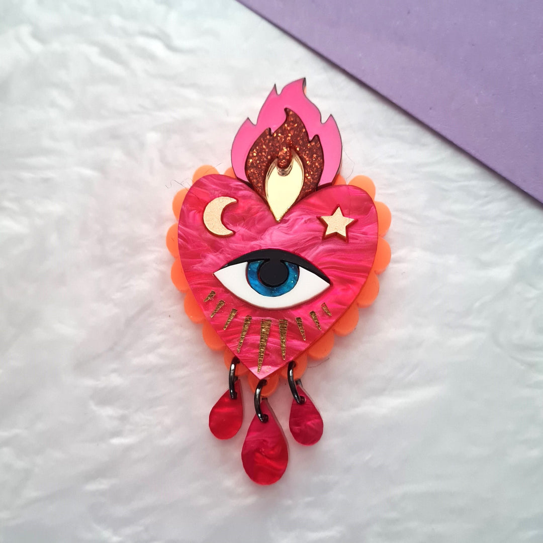 Flaming Heart Pin Brooch – Pink Neon Orange