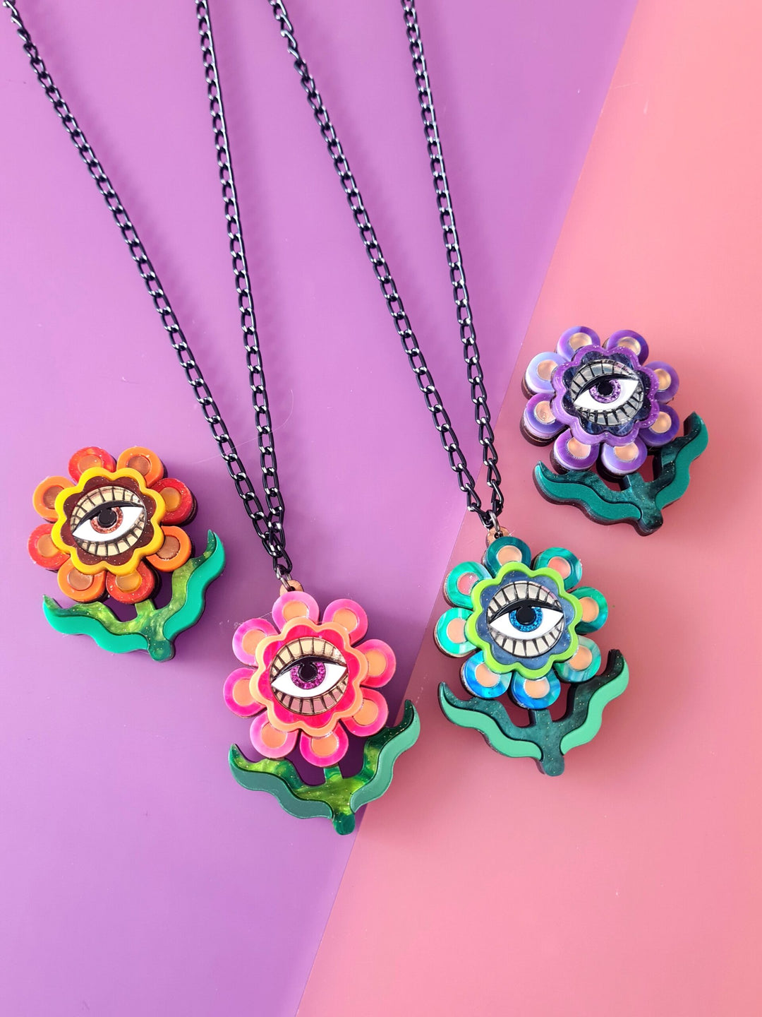 Retro Stylized Floral Mini Brooch or Pendant - boho eye flower brooch in 4 colors